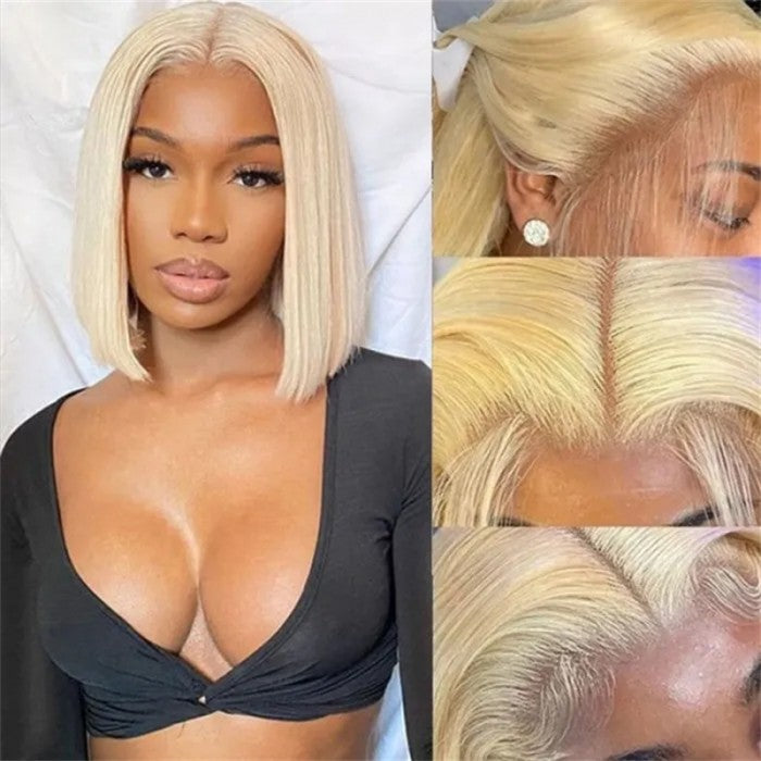 613 Blonde Short Bob Human Hair Wigs Pre Plucked 13x4 Transparent Lace Front Wigs Straight Hair 150% Density