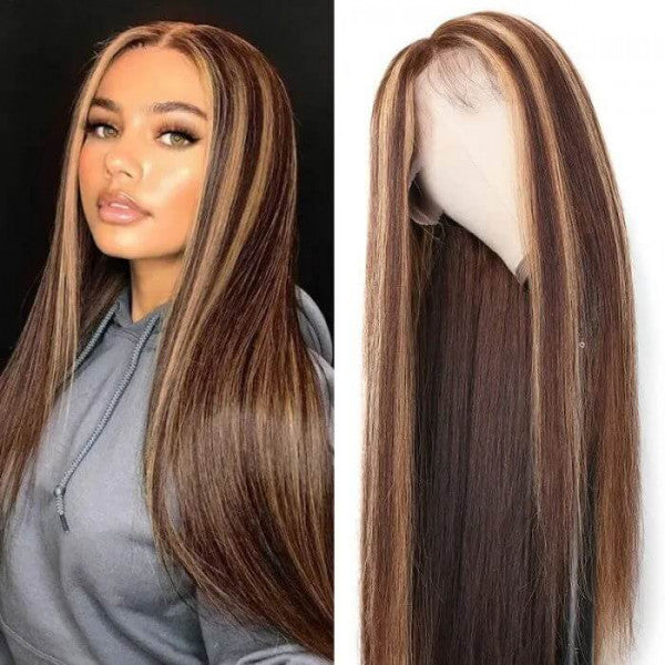 Highlight Wigs Real Human Hair Wigs Straight Honey Blond Ombre Color 13x4 Lace Front Wigs