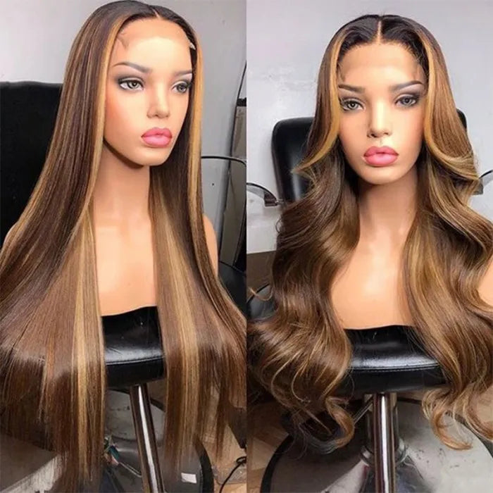 Honey Blonde Highlights Straight Human Hair Lace Front T Part Wigs for Women