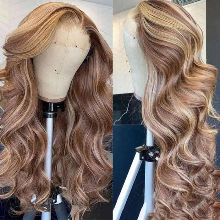 Honey Blonde Highlight Lace Front Wigs Human Hair Body Wave Colored Wigs