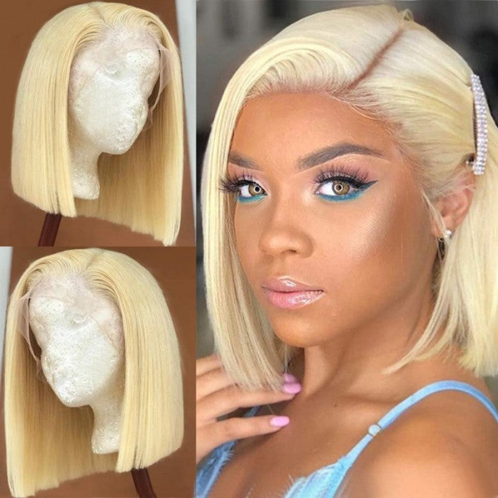 613 Blonde Short Bob Human Hair Wigs Pre Plucked 13x4 Transparent Lace Front Wigs Straight Hair 150% Density