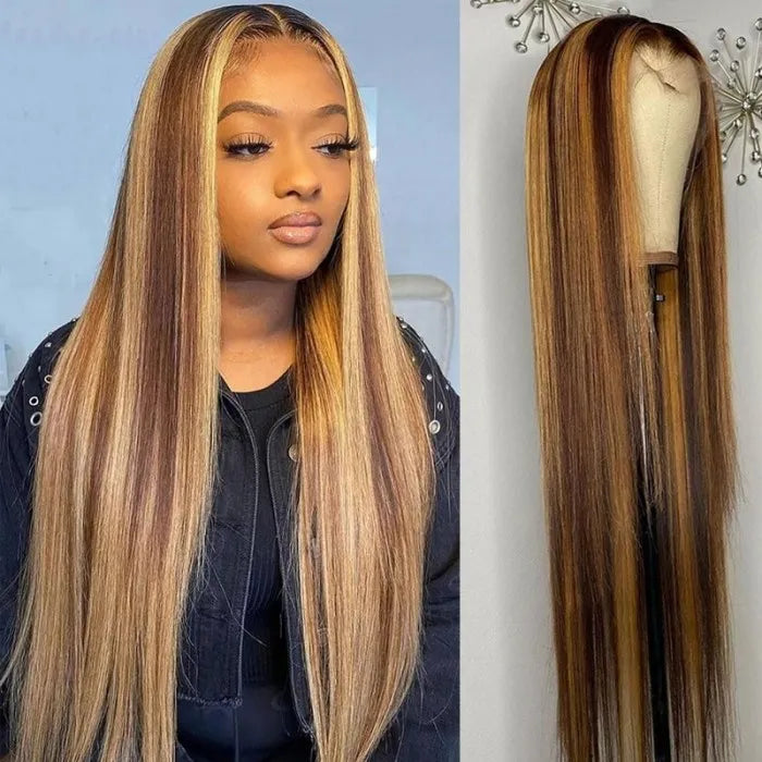 Honey Blonde Highlights Straight Human Hair Lace Front T Part Wigs for Women