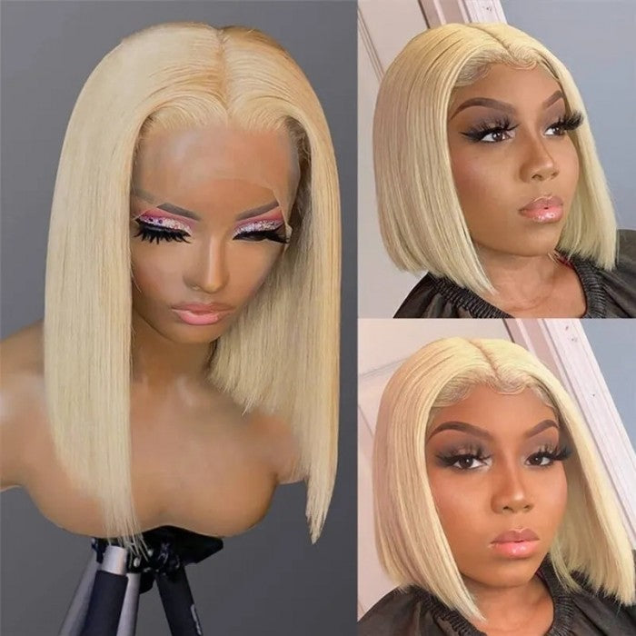 613 Blonde Short Bob Human Hair Wigs Pre Plucked 13x4 Transparent Lace Front Wigs Straight Hair 150% Density