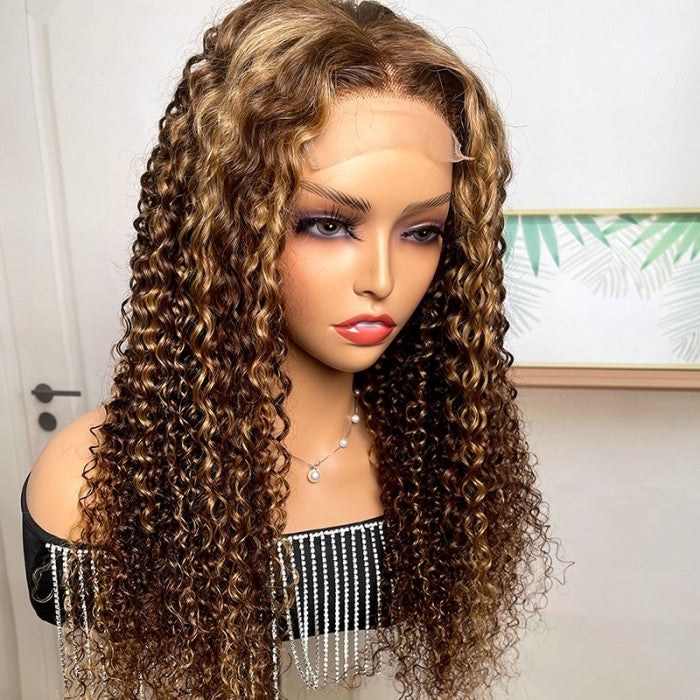 Ombre Honey Blonde Money Piece Highlight Lace Front Curly Human Hair Wigs