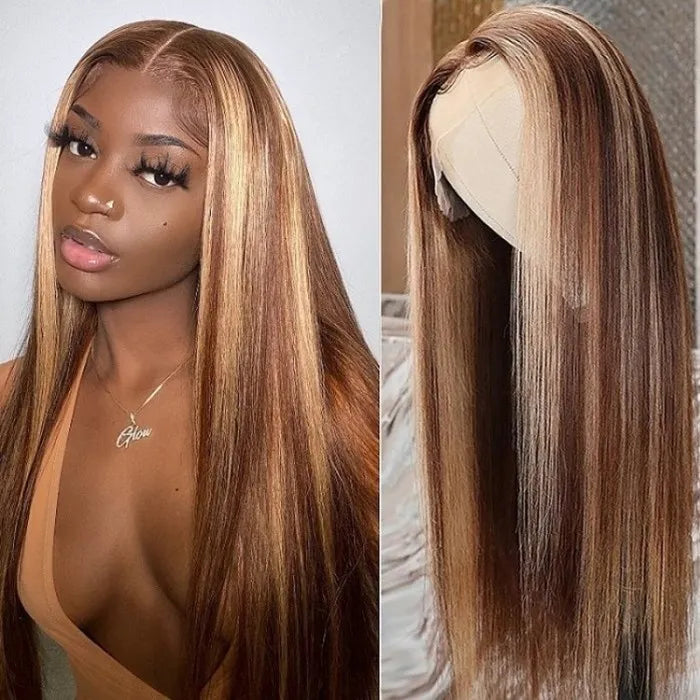 Honey Blonde Highlights Straight Human Hair Lace Front T Part Wigs for Women