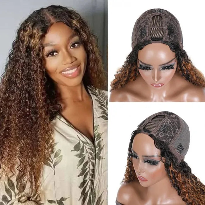 Brown Highlight U Part Human Hair Wig  Curly Human Hair Wigs For Women