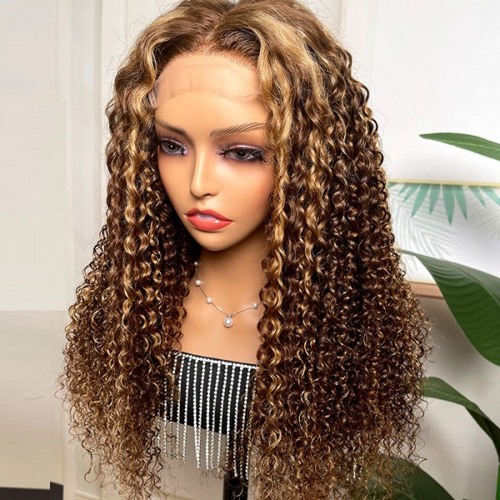 Ombre Honey Blonde Money Piece Highlight Lace Front Curly Human Hair Wigs