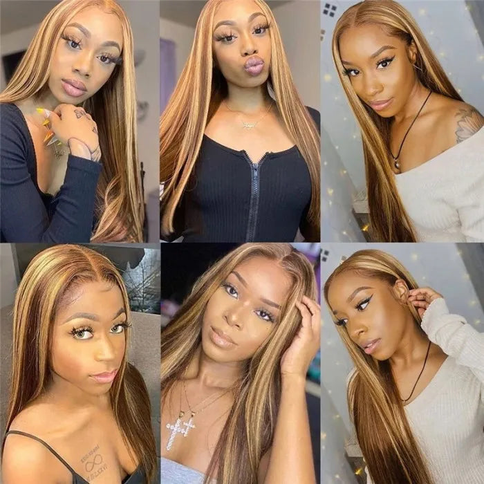 Honey Blonde Highlights Straight Human Hair Lace Front T Part Wigs for Women