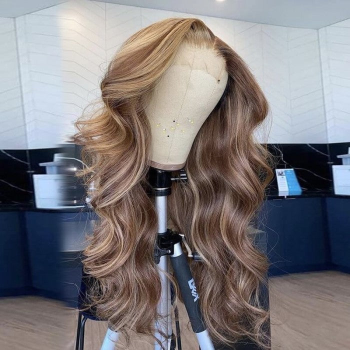 Honey Blonde Highlight Lace Front Wigs Human Hair Body Wave Colored Wigs