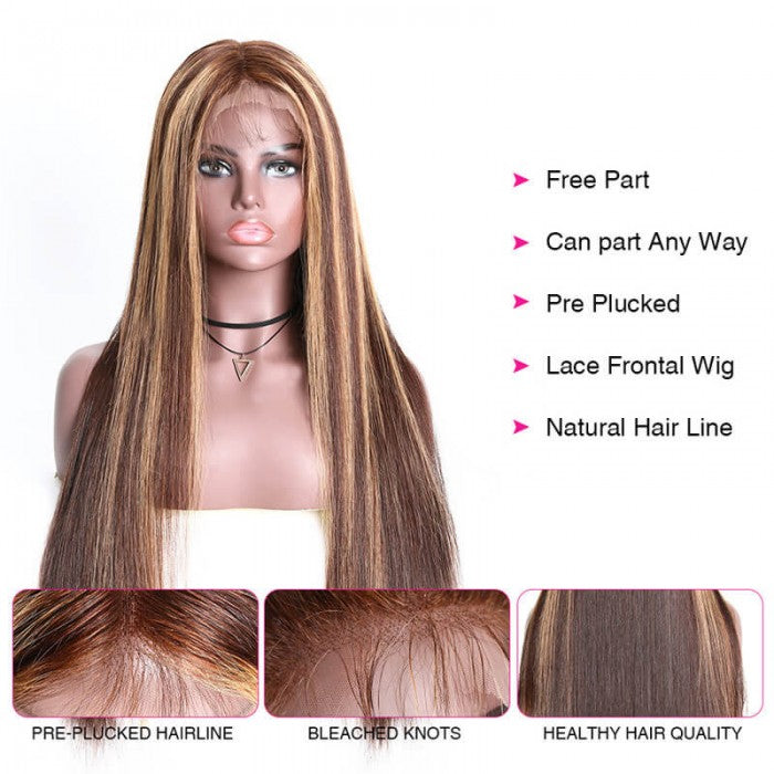 Highlight Wigs Real Human Hair Wigs Straight Honey Blond Ombre Color 13x4 Lace Front Wigs