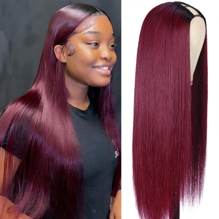 #1B/99J Burgundy Ombre Human Hair Straight New U Part Wig