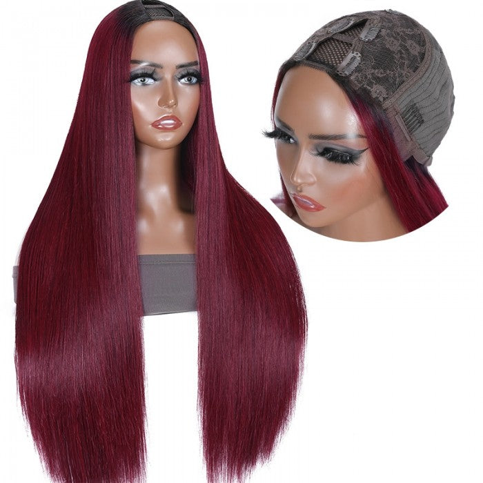 #1B/99J Burgundy Ombre Human Hair Straight New U Part Wig