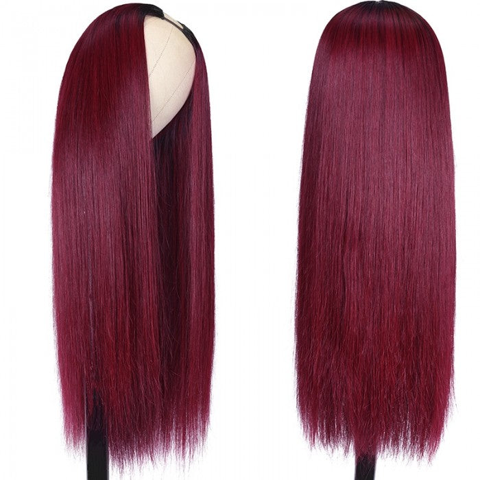 #1B/99J Burgundy Ombre Human Hair Straight New U Part Wig