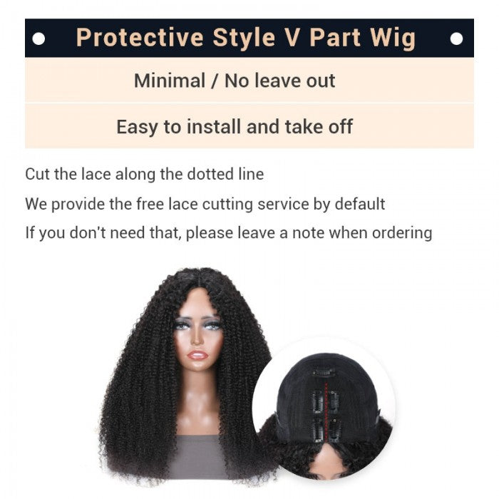 Glueless Kinky Curly V Part Human Hair Wigs For Women